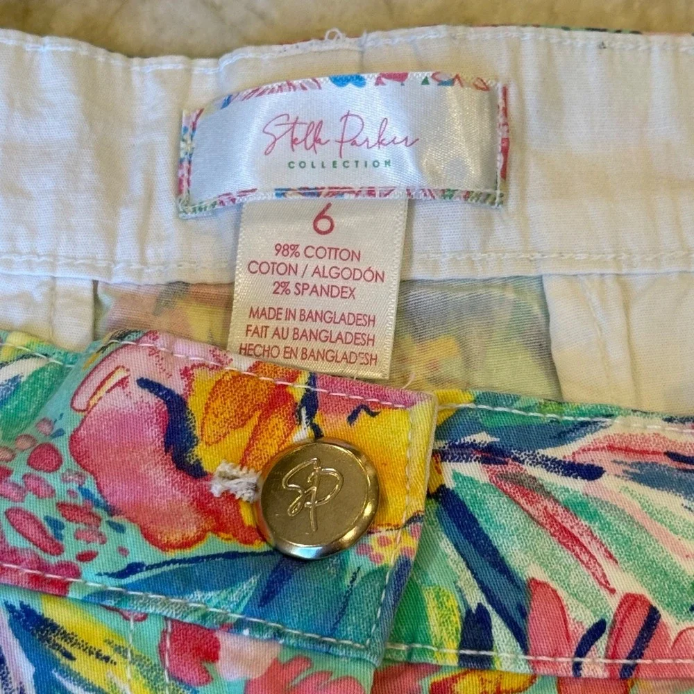 Stella Parker Women's Pastel Tropical Floral Print Chino Shorts Stretch - Size 6